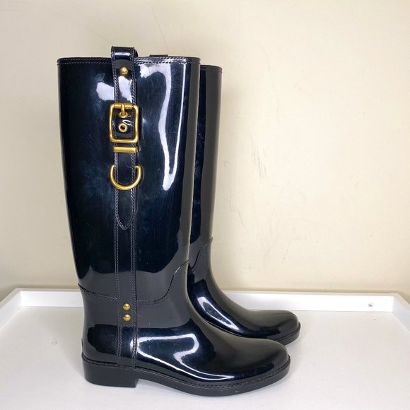 Coach Shoes - Coach Rain Boots Black Gold Buckle 10 Heeled